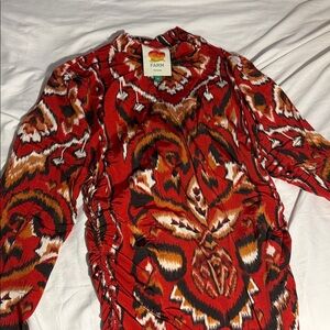 Farm Rio Red Ikat Print Long Sleeve Top